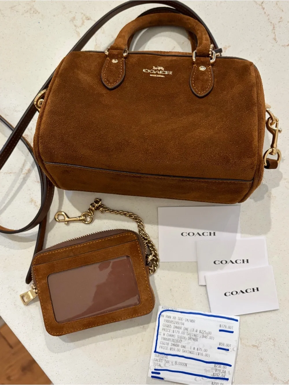 Coach Mini Rowan Suede Satchel in Chestnut Brown with Gold Hardware and wallet